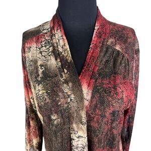 Chico's Size 1 Abstract Lace Mesh Open Cardigan Kimono Shawl Black Red Brown